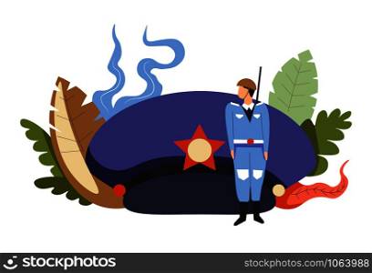 Navy soldier in blue uniform and cap with star among seaweed isolated icon marine in helmet army servant underwater plants ship war strong trained man work at world waters protection and safety vector.. Navy soldier in uniform and cap with star among seaweed isolated icon