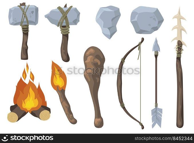 Neanderthal primitive rock weapon flat set for web design. Cartoon ancient arrow, bow, axe, mace, spear isolated vector illustration collection. Stone age tools and evolution concept