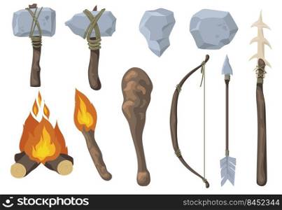 Neanderthal primitive rock weapon flat set for web design. Cartoon ancient arrow, bow, axe, mace, spear isolated vector illustration collection. Stone age tools and evolution concept