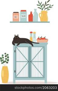 Neat kitchen with wooden cupboard, cat on it and well organised utensils. Vector illustration in a modern flat style.
