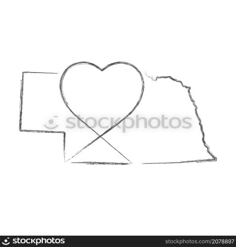 Nebraska US state hand drawn pencil sketch outline map with heart shape. Continuous line drawing of patriotic home sign. A love for a small homeland. T-shirt print idea. Vector illustration.. Nebraska US state hand drawn pencil sketch outline map with the handwritten heart shape. Vector illustration