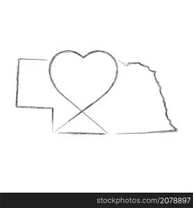 Nebraska US state hand drawn pencil sketch outline map with heart shape. Continuous line drawing of patriotic home sign. A love for a small homeland. T-shirt print idea. Vector illustration.. Nebraska US state hand drawn pencil sketch outline map with the handwritten heart shape. Vector illustration