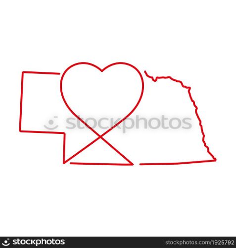 Nebraska US state red outline map with the handwritten heart shape. Continuous line drawing of patriotic home sign. A love for a small homeland. T-shirt print idea. Vector illustration.. Nebraska US state red outline map with the handwritten heart shape. Vector illustration