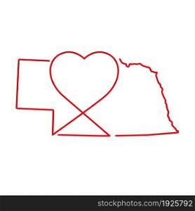 Nebraska US state red outline map with the handwritten heart shape. Continuous line drawing of patriotic home sign. A love for a small homeland. T-shirt print idea. Vector illustration.. Nebraska US state red outline map with the handwritten heart shape. Vector illustration