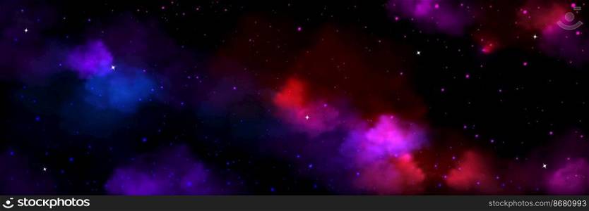 Nebula, twinkle, stardust in galaxy, space background with stars and colorful clouds. , Deep cosmos, night sky with blue and purple gas accumulations in cosmic world, Realistic 3d vector illustration. Nebula, twinkle, stardust in galaxy background