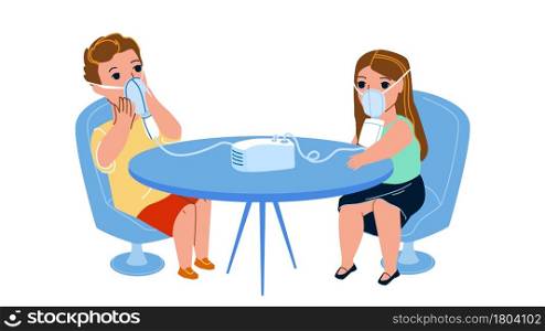 Nebulizer Mask Using Children In Clinic Vector. Little Boy And Girl Kids Use Nebulizer Mask, Taking Breath And Being Treated. Characters Healthcare Therapy In Hospital Flat Cartoon Illustration. Nebulizer Mask Using Children In Clinic Vector