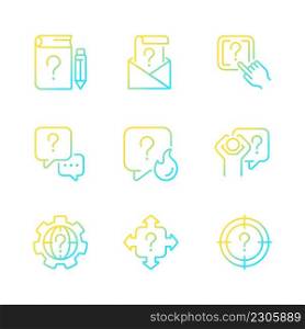 Necessary information service gradient linear vector icons set. Answers on questions. Finding solution. Thin line contour symbol designs bundle. Isolated outline illustrations collection. Necessary information service gradient linear vector icons set
