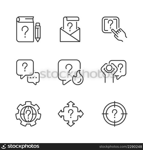 Necessary information service linear icons set. Answers on users questions. Finding solution. Customizable thin line symbols. Isolated vector outline illustrations. Editable stroke. Necessary information service linear icons set