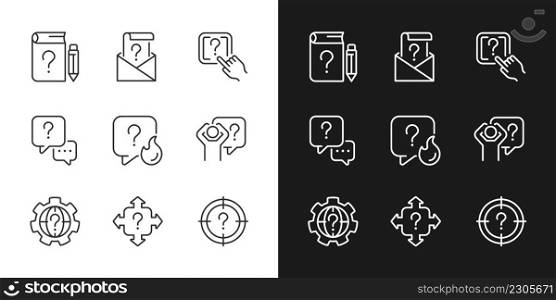 Necessary information service linear icons set for dark, light mode. Asking on equations. Finding solution. Thin line symbols for night, day theme. Isolated illustrations. Editable stroke. Necessary information service linear icons set for dark, light mode