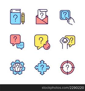 Necessary information service RGB color icons set. Answering on questions. Finding best solution. Isolated vector illustrations. Simple filled line drawings collection. Editable stroke. Necessary information service RGB color icons set