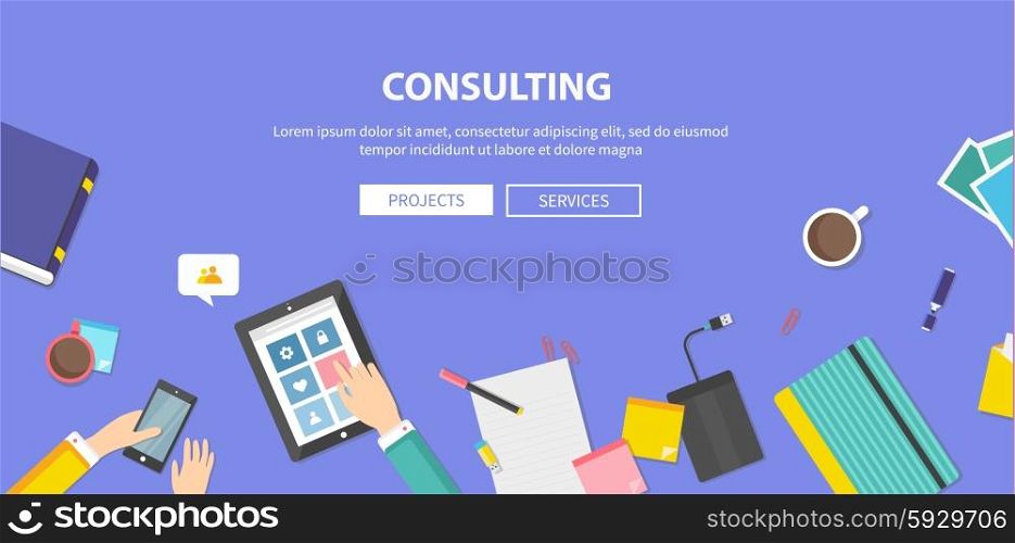 Necessary items for consulting, development of ideas, teamwork. Top view in flat design style. For web site construction, mobile applications, banners, corporate brochures, book covers, layouts etc.