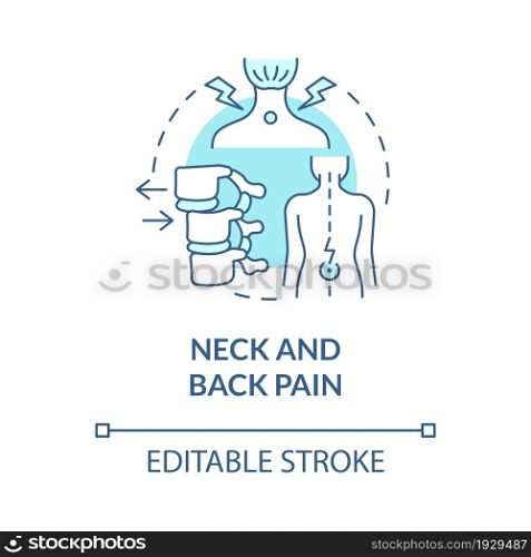 Neck and back pain blue concept icon. Patient with spine ache from bad posture. Physiotherapy abstract idea thin line illustration. Vector isolated outline color drawing. Editable stroke. Neck and back pain blue concept icon