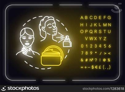 Neck care, beauty neon light concept icon. Skin moisturizing, cream and spray, thermal water use idea. Outer glowing sign with alphabet, numbers and symbols. Vector isolated RGB color illustration