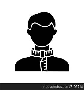 Neck circumference black glyph icon. Human body measurements, tailoring parameters silhouette symbol on white space. Collar width specification for bespoke clothing. Vector isolated illustration