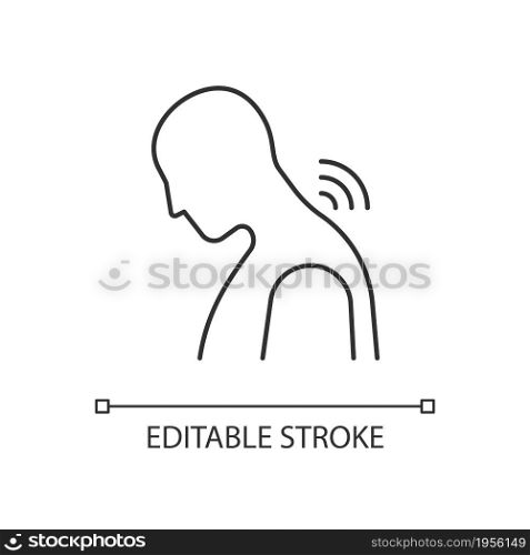 Neck rheumatism linear icon. Joints inflammation. Cervical spondylosis. Prolonged hunching. Thin line customizable illustration. Contour symbol. Vector isolated outline drawing. Editable stroke. Neck rheumatism linear icon