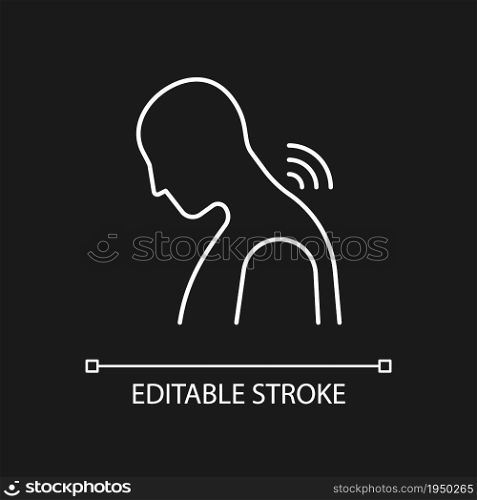 Neck rheumatism white linear icon for dark theme. Joints inflammation. Cervical spondylosis. Thin line customizable illustration. Isolated vector contour symbol for night mode. Editable stroke. Neck rheumatism white linear icon for dark theme