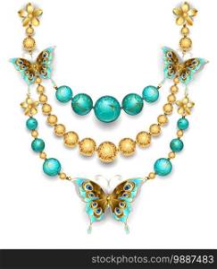 necklace of gold butterflies, gold and turquoise beads on a white background. Design jewelry.