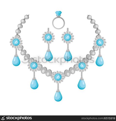 Necklace of precious stones vector in flat design. Beautiful jewelry, with gems. Romantic gift on anniversary. Illustration for jewelry store advertising. Isolated on white background.. Necklace of Precious Stones Vector in Flat Design. Necklace of Precious Stones Vector in Flat Design