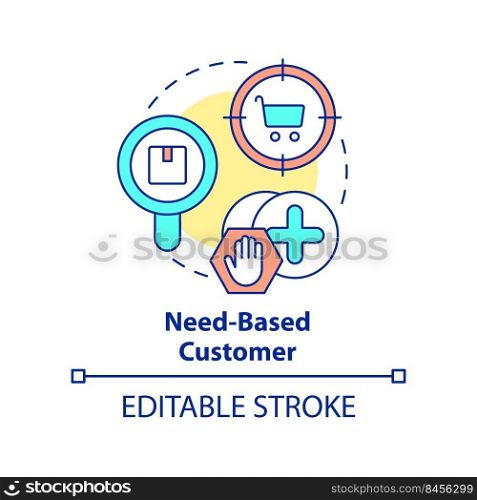 Need based customer concept icon. Purchase for occasion. Type of business clients abstract idea thin line illustration. Isolated outline drawing. Editable stroke. Arial, Myriad Pro-Bold fonts used. Need based customer concept icon