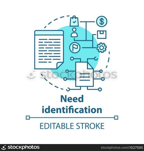 Need identification concept icon. Market and consumer analysis. Business plan. Strategic project management idea thin line illustration. Vector isolated outline drawing. Editable stroke