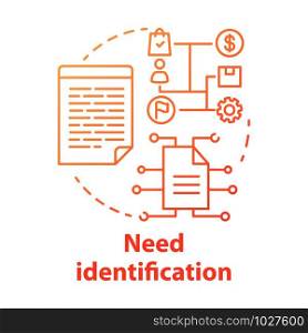 Need identification concept icon. Market and consumer analysis. Business plan. Strategic project management idea thin line illustration. Vector isolated outline drawing
