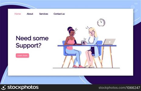 Need some support landing page vector template. Health care website interface idea with flat illustrations. Therapist consultation homepage layout. Girl at doctor web banner, webpage cartoon concept