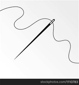 Needle and curly thread vector symbol. Dark gray sewing needle silhouette with wavy thread isolated on white background for tailor website or promo fashion product. Needle and curly thread vector illustration