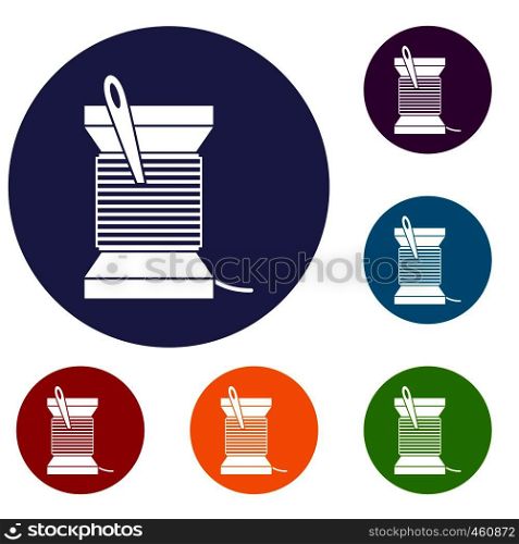 Needle and thread icons set in flat circle reb, blue and green color for web. Needle and thread icons set