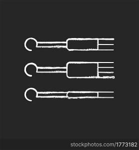 Needles chalk white icon on dark background. Special needles to inject ink into human skin. Professional tools for making tattoos. Master equipment. Isolated vector chalkboard illustration on black. Needles chalk white icon on dark background