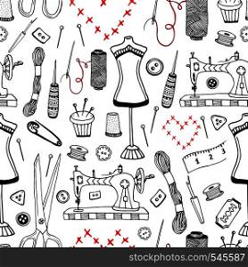 Needlework and sewing equipment seamless pattern. Vector hand drawn craft supplies print.. Needlework and sewing equipment seamless pattern. Vector hand drawn craft supplies print