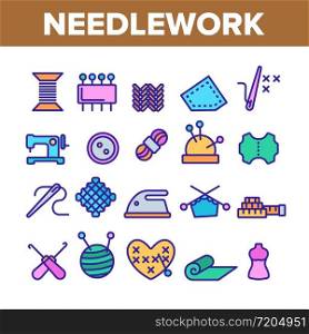 Needlework Collection Elements Icons Set Vector Thin Line. Pin And Button, Needle And Spool, Meter And Dummy Needlework Tools And Details Concept Linear Pictograms. Color Contour Illustrations. Needlework Collection Elements Icons Color Set Vector