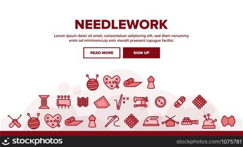 Needlework Landing Web Page Header Banner Template Vector. Pin And Button, Needle And Spool, Meter And Dummy Needlework Tools And Details Illustration. Needlework Landing Header Vector