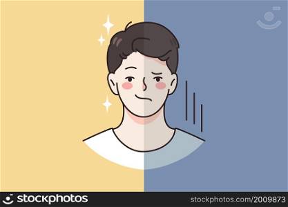 Negative and positive emotions concept. Face of young man with sides of positive smile and angry disappointment expression vector illustration . Negative and positive emotions concept