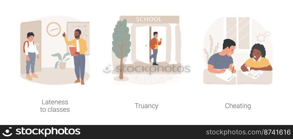 Negative attitudes towards school isolated cartoon vector illustration set. Lateness to classes, student being late, truancy problem, skipping classes, cheating at exam, writing off vector cartoon.. Negative attitudes towards school isolated cartoon vector illustration set.