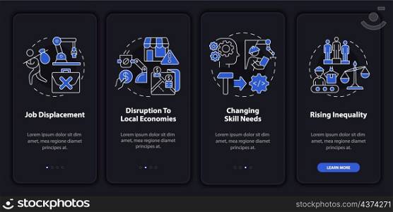 Negative automation impact night mode onboarding mobile app screen. Walkthrough 4 steps graphic instructions pages with linear concepts. UI, UX, GUI template. Myriad Pro-Bold, Regular fonts used. Negative automation impact night mode onboarding mobile app screen