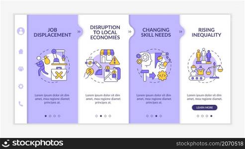 Negative automation impact on society white and purple onboarding template. Responsive mobile website with linear concept icons. Web page walkthrough 5 step screens. Lato-Bold, Regular fonts used. Negative automation impact on society white and purple onboarding template
