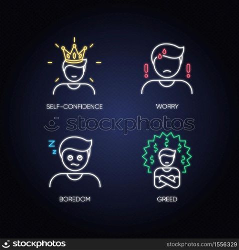 Negative emotions and bad feelings neon light icons set. Human psychological states signs with outer glowing effect. Distrust, loneliness, awe and self pity. Vector isolated RGB color illustrations. Negative emotions and bad feelings neon light icons set