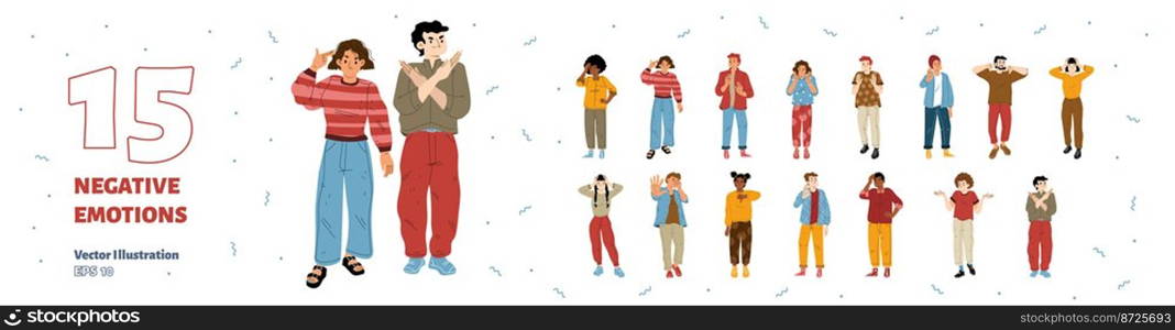 Negative emotions body language. People show gestures of stop, disagree, rejection, anxiety. Diverse characters with thumb down, cross hands and hands on head, vector flat illustration. Negative emotions body language