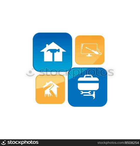 Negative space home repair illustrator. Creative home logo design idea. Home repair services icon design