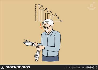 Negative statistics and bad news concept. Angry stressed mature old man standing reading newspaper with negative decreasing statistics feeling not satisfied vector illustration . Negative statistics and bad news concept.