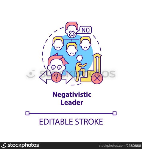 Negativistic leader concept icon. Unable to say no. Type of toxic leader abstract idea thin line illustration. Isolated outline drawing. Editable stroke. Arial, Myriad Pro-Bold fonts used. Negativistic leader concept icon