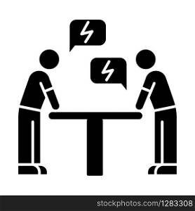 Negotiation black glyph icon. Dialogue between parties. Argument. Opposing interests. Conflict. Dispute. Lawsuit. Rivals, adversaries. Silhouette symbol on white space. Vector isolated illustration