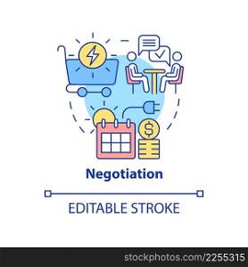 Negotiation concept icon. Discussion terms of sales energy. PPA work abstract idea thin line illustration. Isolated outline drawing. Editable stroke. Arial, Myriad Pro-Bold fonts used. Negotiation concept icon
