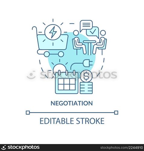 Negotiation turquoise concept icon. Discussion terms of sales energy. PPA work abstract idea thin line illustration. Isolated outline drawing. Editable stroke. Arial, Myriad Pro-Bold fonts used. Negotiation turquoise concept icon