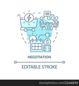 Negotiation turquoise concept icon. Discussion terms of sales energy. PPA work abstract idea thin line illustration. Isolated outline drawing. Editable stroke. Arial, Myriad Pro-Bold fonts used. Negotiation turquoise concept icon