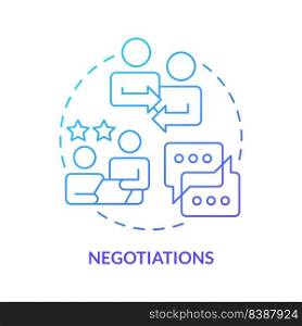 Negotiations blue gradient concept icon. Business discussion. Compromise. Stage of merger abstract idea thin line illustration. Isolated outline drawing. Myriad Pro-Bold fonts used. Negotiations blue gradient concept icon