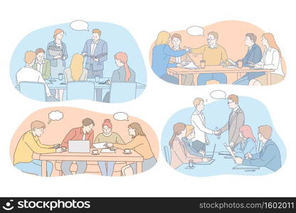 Negotiations, brainstorming, teamwork, cooperation, business, development, success concept. Young business people partners coworkers cartoon characters discussing projects in office and making deals. Negotiations, brainstorming, teamwork, cooperation, business, development, success concept