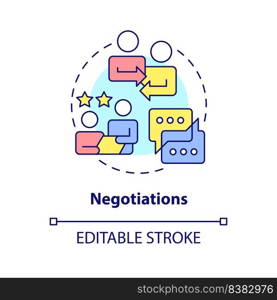 Negotiations concept icon. Business discussion. Compromise. Stage of merger abstract idea thin line illustration. Isolated outline drawing. Editable stroke. Arial, Myriad Pro-Bold fonts used. Negotiations concept icon
