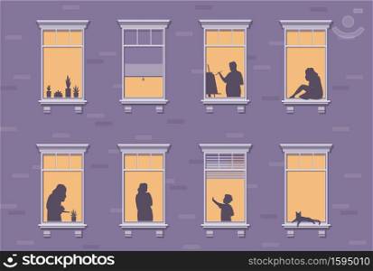 Neighbor characters. Windows with people stay at home, silhouettes of man and woman through the window, apartment building human at night, quarantine period covid-19 pandemic vector concept. Neighbor characters. Windows with people stay at home, silhouettes of man and woman through the window, apartment building human at night, quarantine period vector concept