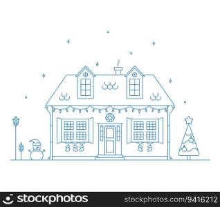 Neighborhood line art Christmas illustration with house.. Winter suburban picture.